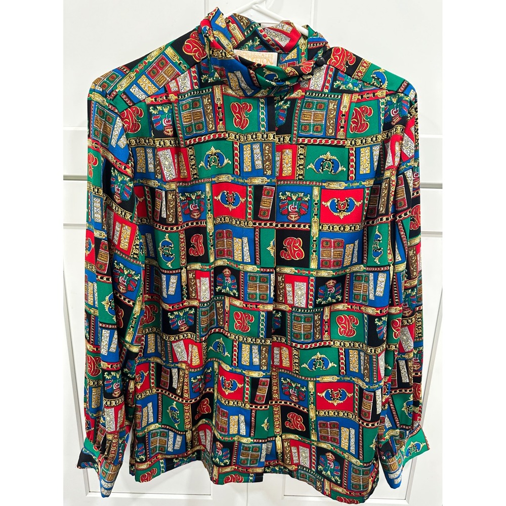 Sophisticates by Pendleton Vintage Scarf‎ Print Blouse Crest Chain Multi Size 12